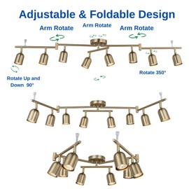 CRAFTRONOS 8 Light Modern Track Lighting Fixtures, Matte Brass Center Rotatable Bar Ceiling Spotlight, Foldable Arms Track Lighting Kit for Kitchen,Dining,Living Room Bedroom,GU10 Bulb Not Included
