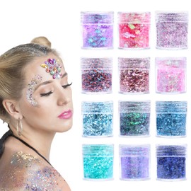 Zilams Pack of 12 Chunky Glitter Face Festival Cosmetic Glitter Set Colourful Reflective Glitter Powder with Make Up Brush for Body Nails Hair Lips Eyes Crafts Carnival Masquerade