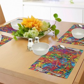 ABAKUHAUS Modern Platzmatten 8 Stück, Zeitgenössisch Regenbogen Ungeordnete Bunte Linien Ölgemälde Effekt Illustration, Waschbare Stoff Esszimmer Küche Tischdekorations, Mehrfarbig