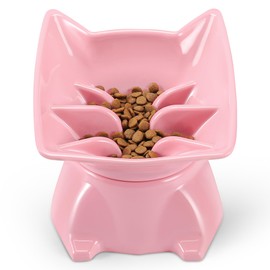 DNOYEUS Small Elevated Slow Feeder Cat Bowl, Cute Tilted Elevated Bowls and Dishes for Cats & Small Dogs, Whisker Friendly, Anti Vomiting Raised Pet Bowl for Dry and Wet Food, Pink