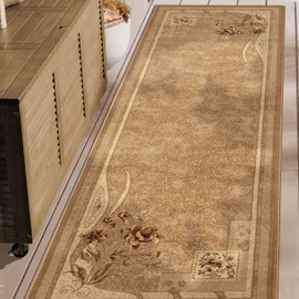 Superior Indoor Runner Rug, Jute Backing, Modern Plush Rugs for Hallway, Entryway, Living Room, Kitchen Floors, Bedroom, Hallway, Floral Rugs, Ruban Collection, 2' 7" x 8', Brown