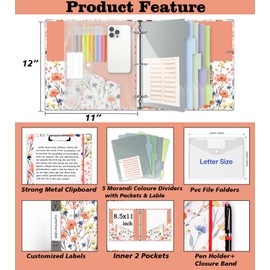 3 Ring Binder 2 Inch, Three Ring Binder Organizer with Clipboard, 5-Tabs Pockets Dividers, Plastic Folder, 18 Divider Stikers, KLLVE Cute Binder with Pen Loop (Flora, Letter Size)