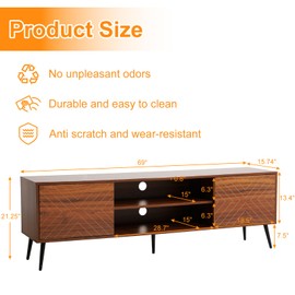 ASHOMELI 69" TV Console,Mid Century Modern Media Console for 32~75 Inch TV,Entertainment Center with Storage Shelves,Boho Light Wood Credenza for Living Room (Walmut)