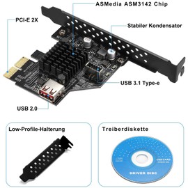 EZDIY-FAB USB3.1 Gen 2 Front Plate Connector 20-Pin Expansion Card 10Gbps USB 2.0 PCI Express 3.0 X2 Adapter for Desktop PC (ASM3142)