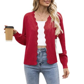 Yommay Cardigan for Women Casual Lightweight V-Neck Long Sleeve Ladies Loose Sweaters Scalloped Shrugs Hollow,D Red,X-Large