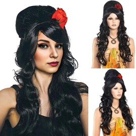 PORSMEER Amy Black Beehive Wig + Red Flower - Black Bouffant Beehive Wigs Long Curly 90s Costume Wigs for Women & Girls Vampire Costume