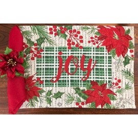 Holiday Joy Christmas Tapestry Placemats, Set of Six (6) Colorful Tapestry Weave Fabric, for Holiday's, Thanksgiving, Winter, Christmas
