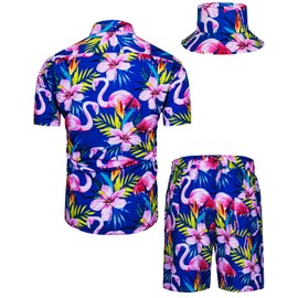 TUNEVUSE Mens Hawaiian Shirts and Shorts Set 2 Pieces Beach Outfits Flamingo Print Summer Tropical Suit with Bucket Hats Blue XX-Large