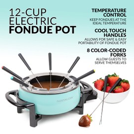 Nostalgia 12-Cup Electric Fondue Pot Set for Cheese & Chocolate - 8 Color-Coded Forks, Temperature Control - Stainless Steel Kitchen Gadgets and Appliances for Hors d'Oeuvres and More - Aqua