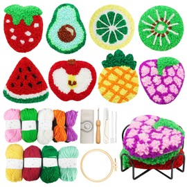 Soleeya Punch Needle Kits Adults Beginner 8 Pcs Punch Needle Coaster Kit Fruit Patterns Punch Needle Embroidery Kit Including Yarn Hoop Needle and Video Tutorials, Rug Tufting Coaster DIY Craft Gifts