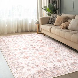 RELEANY 5x7 Area Rug Printed Washable Rugs for Living Room Non-Slip Floor Carpet Soft Boho Vintage Rug Low Pile Water Repellent for Bedroom,Entryway,Kitchen,Indoor Light Pink