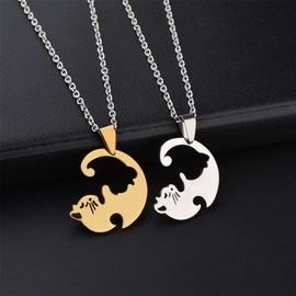 Cat Kitty Necklace for Women Men Stainless Steel Matching Cat Love Heart Necklace for Couples Friendship Jewelry Gift