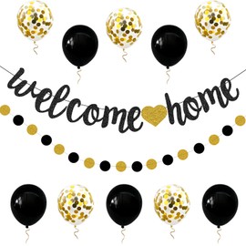 Welcome Home Decorations Glitter Welcome Home Banners Balloons Set Party Pennant Bunting Garland for New Home Family Birthday Christmas Wedding Boy Girl Baby Shower Hanging String Flag Black Golden