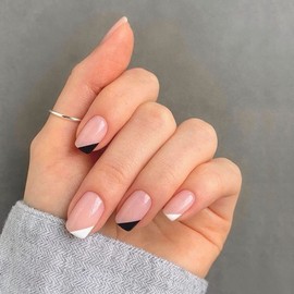 JUSTUSNX 24pcs Short French Fake Nails Nude False Nails Gold edge Black and White Contrast Press on Nails for Women and Girls (C)