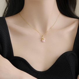 Sweet Pink Enamel Bunny Pendant Necklace for Women Cute Love Heart Rabbit Charm Stainless Steel Chain Adjustable Choker Adorrable Dainty Easter Animal Festival Holiday Jewelry for Girlfriend Daughter,