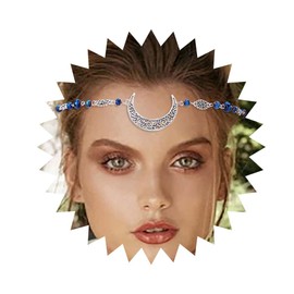 Obmyec Head Jewelry Moon Turquoise Crystal Head Chain Vintage Rhinestone Headpieces Witch Headband chain Hair Jewelry for Women and Girls (S-blue)