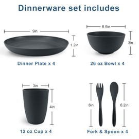 BUSOKIP 20 Pieces Wheat Straw Dinnerware Sets, Lightweight Plates and Bowls Sets, Unbreakable Alternatives Plastic Dinnerware Sets Service for 4, Camping Dishes, Kitchen Essentials (Dark Grey)