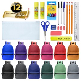 Moda West 17 Inch Bulk Backpacks with 22 Piece School Supplies Kits - Pens, Pencils, Crayons - Case of 12 Wholesale Backpacks in 12 Assorted Colors