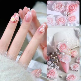 Flower Nail Charms, 50PCS 3D Flower Nail Art Pink Resin Flower Nail Gems Acrylic Rose Spring Nail Art Design Manicure DIY Nail Decoration for Women Girls