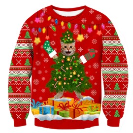 ALISISTER Unisex Xmas Jumper Funny Santa Cat Pattern Christmas Pullover Sweatshirt Sweater Autumn Winter Round Neck Xmas Gift Clothing Outwear Top L