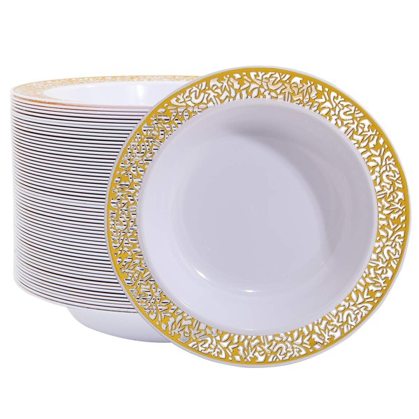 I00000 60 Disposable Gold Plastic Dessert Bowls, 12 oz Soup Bowls, Gold Lace Trim China Look, Premium Heavy Duty plastic bowls for Wedding, gold bowls plastic for Party