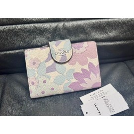 COACH Medium Corner Zip Wallet With Floral Print Ivory/Purple/Pink Multi CBO31