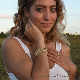 Cryshimmer Cryshimmer 5 Pcs Gold Bead Bracelet Set for Women Gold Plated Bead Ball Stretch Elastic Bracelet