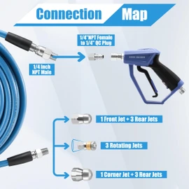 RIDGE WASHER Sewer Jetter Kit for Pressure Washer 100FT, 3600 PSI Drain Cleaning Hose with Short Pressure Washer Gun, 1/4 Inch NPT Corner, Rotating and Button Nose Sewer Jetting Nozzle