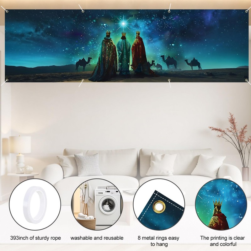 Three Wise Men Banner 118 x 35 Inches, Nativity Starry