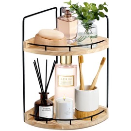 Alytree 2 Tier Bathroom Counter Organizer, Bathroom Counter Tray and Vanity Organizer, Wood Corner Countertop Organizer for Bathroom, Kitchen, Dresser (Rustic Wood)