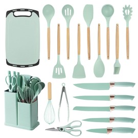 Cooking Utensils Set,19 Kitchen Set Utensils Set with 11 Pieces Spatula Cooking Utensils,Heat Resistant Silicone Utensils 6 Piece Sharp Knife Set 2 Pieces Utensil Cutting Board (Green 19 PCS Set)