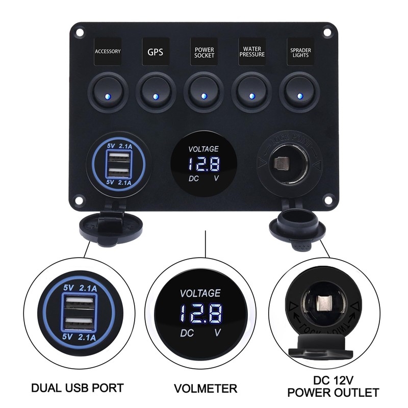 12V 5 Gang Toggle Rocker Switch Panel for Boat Waterproof