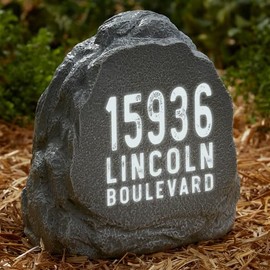 Personalization Universe Rustic Solar Address Rock - Custom Lighted Outdoor Garden Stone with House Number and Street Address for Yard Decor, Polyresin
