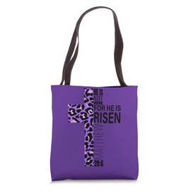 Cute Purple Christian Cheetah Print Easter Verse He Is Risen Tote Bag