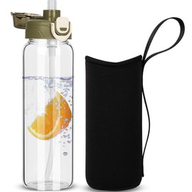 DEARRAY 26 oz Sports Glass Water Bottle with Straw & Neoprene Sleeve BPA free Glass Drinking Bottle for Gym, Travel, Smoothie