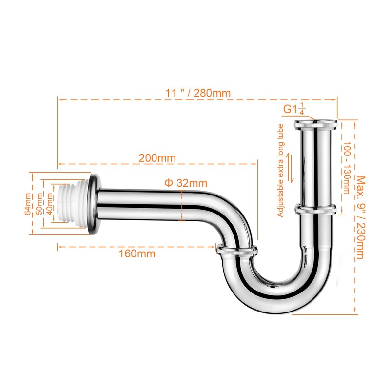 Ibergrif M20506 P Trap 1 1/4", Universal Tubular Siphon, Brass