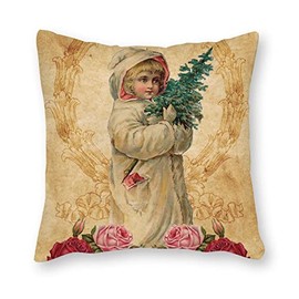 Children Christmas Tree Flowers Throw Pillow Cover 18 x 18 Inch Old Fashioned Christmas Antique Victorian Christmas Pillowcase Decorative Cushion Case for Farmhouse Living Room Sofa Gift Ideas