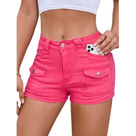 Aotasely Women's Stretchy Jean Shorts Mid Waisted Twill Shorts Stretch Junior Booty Denim Shorts with Pockets Club Night, Fuchsia, Small