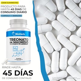 BioHerb® | L-Treonato de Magnesio + Citrato de Magnesio Al 12% Mag Elemental de Maxima Absorcion con 90 Cápsulas (Para 90 Días) Memoria, Enfoque y Cla