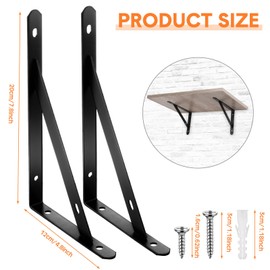 Nuogo 20 Pack Heavy Duty Shelf Brackets Bulk Metal Floating Shelving Support Wall Mounted 90 Degree Triangle Corner L Brackets for Garage with Hardware, Black (8 Inch)