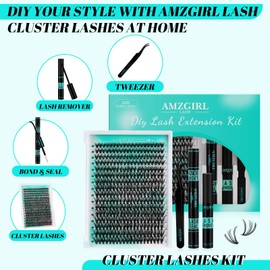 AMZGIRL LASH Lash Extension Kit 320Pcs,DIY Individual Lashes Clusters Kit,Lash Bond And Seal,Lash Remover For Eyelashes Extensions,Lash Applicator Tool For False Eyelash Cluster Kit At Home(30D,D-Mix9-16mm Kit)