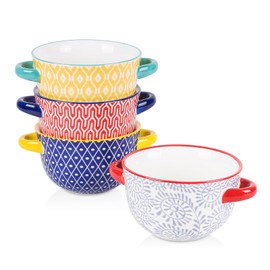 Selamica Ceramic Soup Bowls with Handles, French Onion Soup Crocks 20 OZ, Oven Safe Soup Bowls for French Onion, Chili, Beef Stew, Cereal, Pot Pies, Set of 4, Assorted Colors