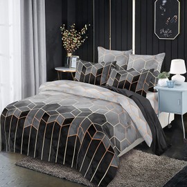 Freyamy Geometric Bed Linen 135 x 200 cm Grey Marble Reversible Bed Linen Vintage Checked Microfibre Duvet Cover and 1 Pillowcase 80 x 80 cm with Zip