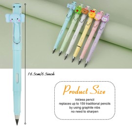 AUAUY 6PCS Everlasting Pencil, Infinity Pencil with Cartoon Animal, Portable Reusable Erasable Inkless Pencil and 6pcs Replacement Nib for Writing, Drawing, Students Home Office School Supplies