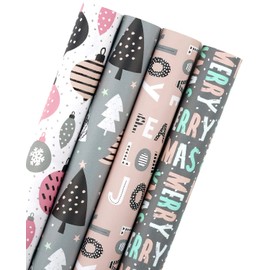WRAPAHOLIC Christmas Wrapping Paper Set - Rustic Kraft Pink and Grey Christmas Kraft Wrapping Paper Bundle with Gift Bow & Ribbon & Tag & Sticker, Perfect for Birthday, Holiday, Party