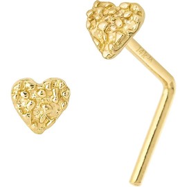 Solid  Yellow Gold Nugget Heart Nose Stud, Heart Shape Nose Ring 22G L-Bend, Ball-end, Nose Screw Stud, Unisex Nose Ring - Color: Nose Bone