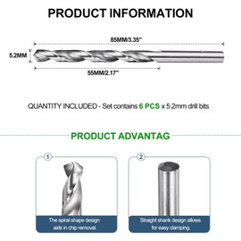 METALLIXITY Drill Bit (5.2mm) 6Pcs, 4241 High-Speed Steel Straight Shank Uncoated (Bright) 118° for Wood Plastic Iron Copper Aluminum Low Soft Metal