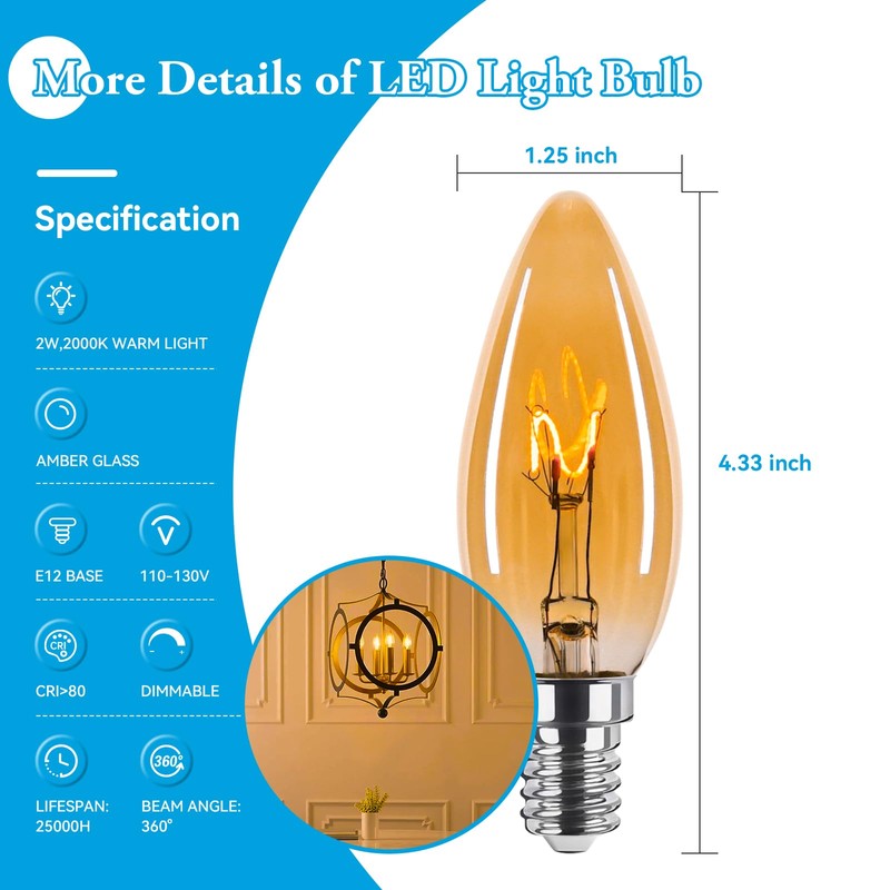 Brighfivey Amber Candelabra Bulb 25W Equivalent, 2W Ultra-Fine Filament E12