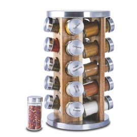 Orii 20 Jar Spice Rack with Spices Included - Tower Organizer for Kitchen Spices and Seasonings, (Natural Acacia Wood)