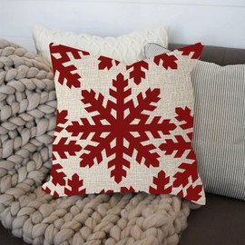 FJPT Christmas Snowflakes Throw Pillow Cover Beautiful Red Snowflakes Linen Cushion Cover for Sofa Bed Winter Soft Pillowcase 22x22 Inch
